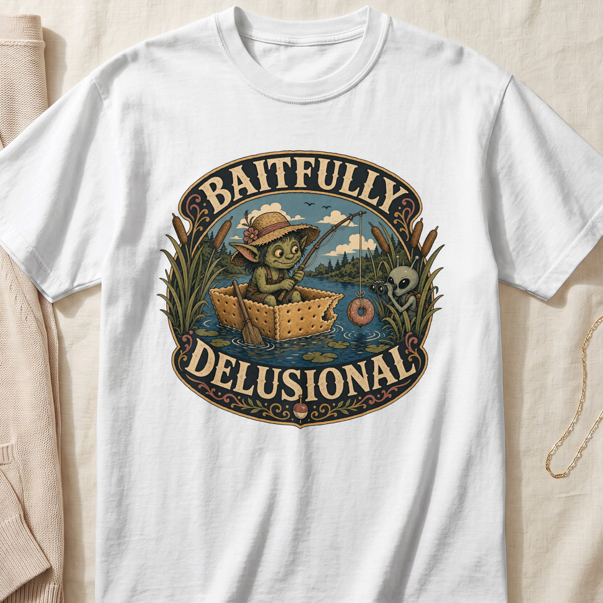 Graphic tee with alien and goblin fishing for a donut. Text reads Baitfully Delusional.