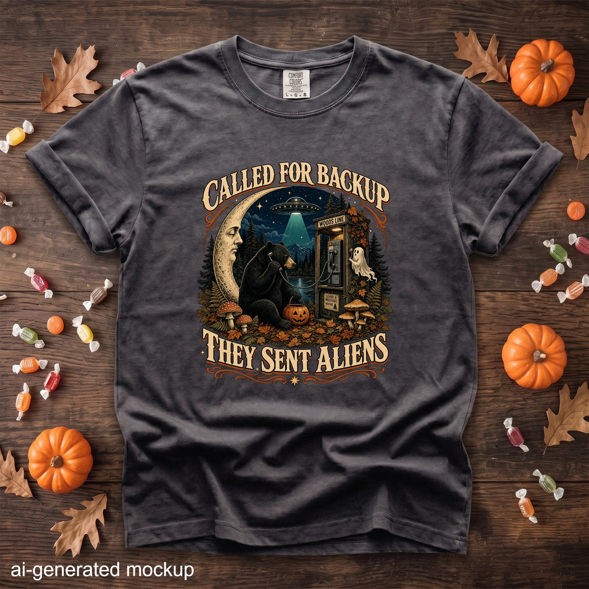 T-shirt graphic with bear, UFO, and ghost saying "Called for backup, they sent aliens."