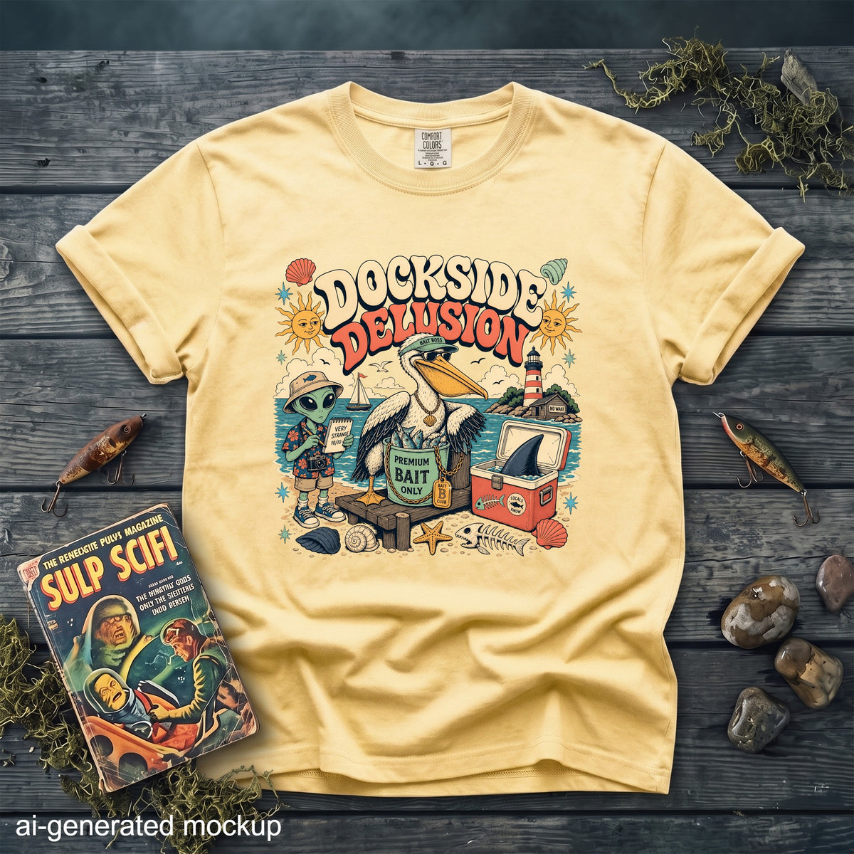 Yellow t-shirt with "DOCKSIDE DELUSION" graphic of alien, pelican, and fish.