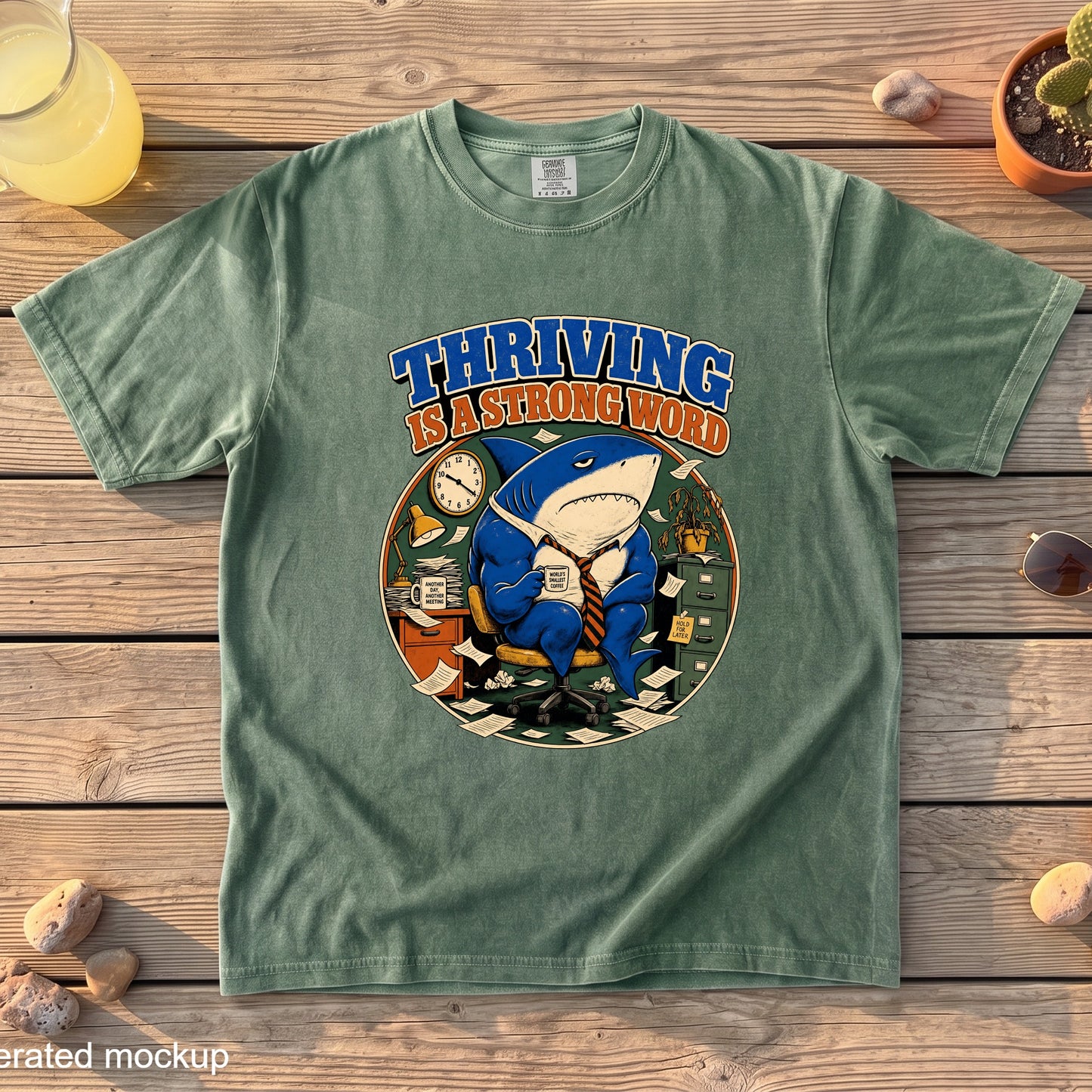 Green t-shirt with graphic of stressed shark in office saying "Thriving is a Strong Word".
