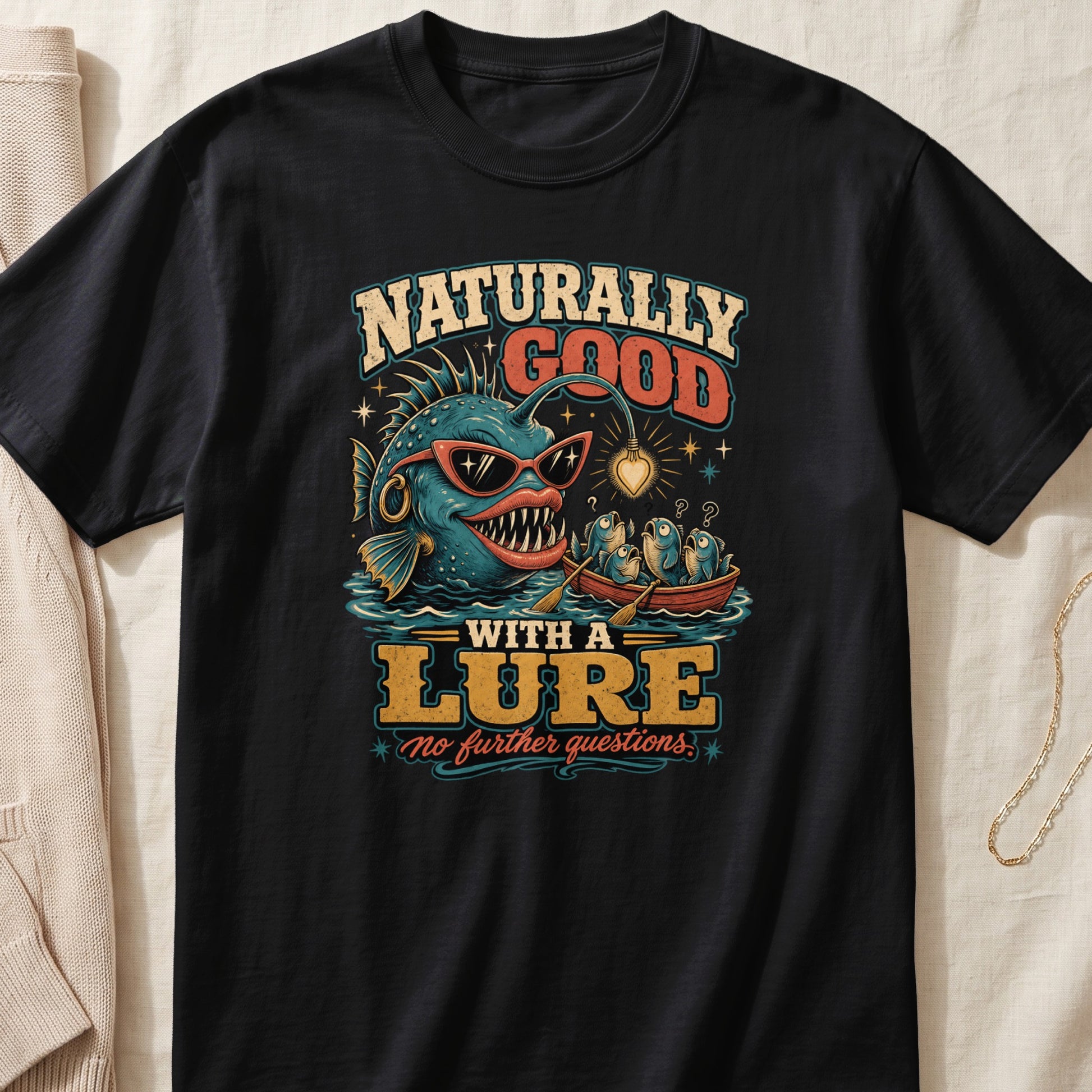 Black t-shirt with "Naturally Good With A Lure No Further Questions" text and cartoon anglerfish.