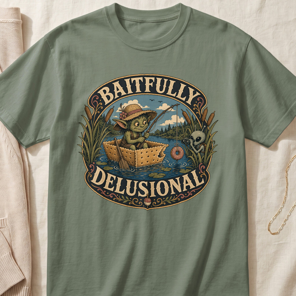 Goblin in cracker boat fishing for donut, alien watches. "Baitfully Delusional" text.