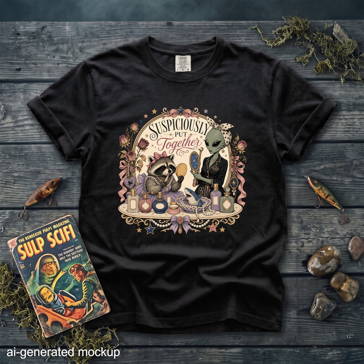 A black t-shirt printed with a vintage-style graphic of a raccoon and an alien applying makeup together, surrounded by roses and perfume bottles.