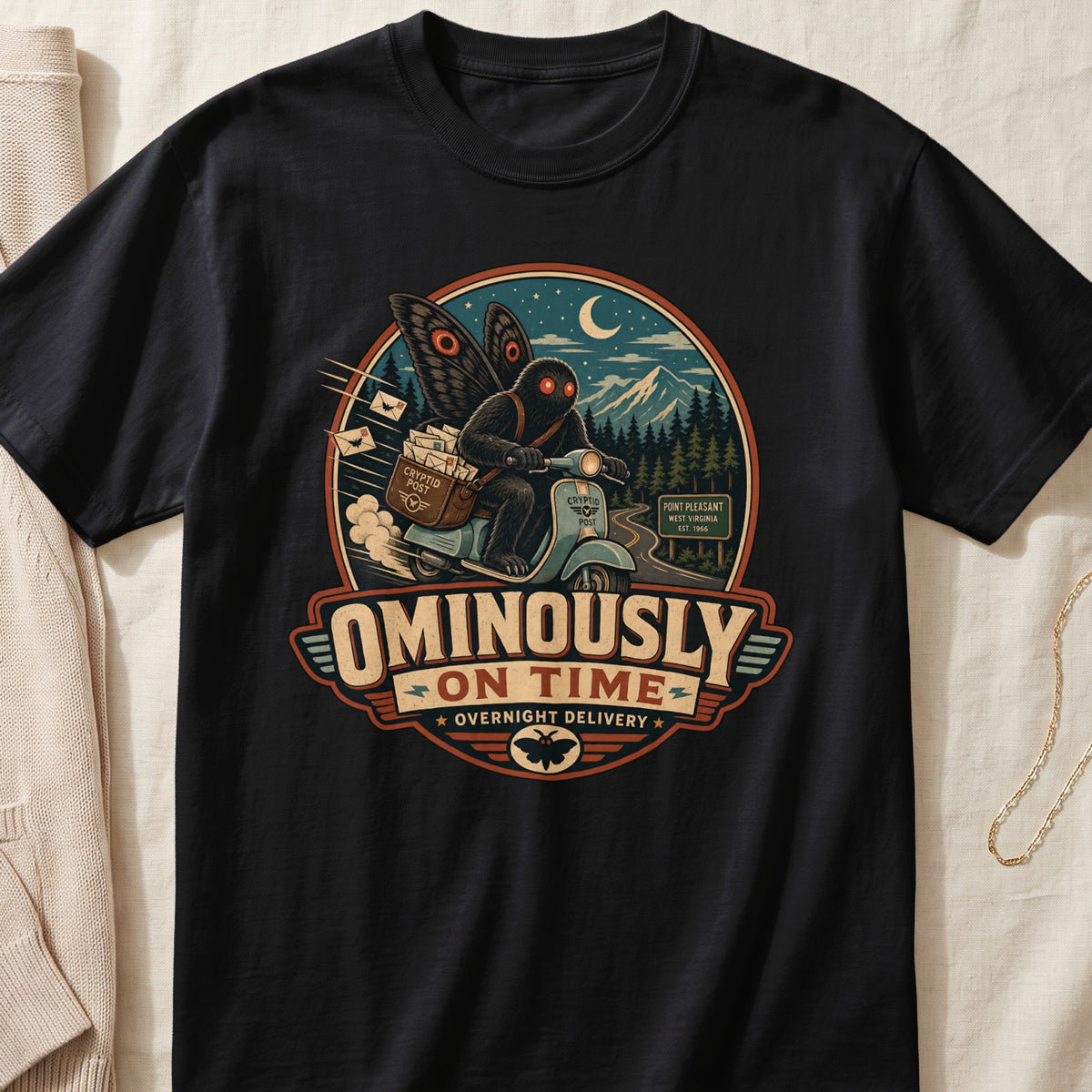 Mothman riding a scooter with "Ominously On Time Overnight Delivery" text.