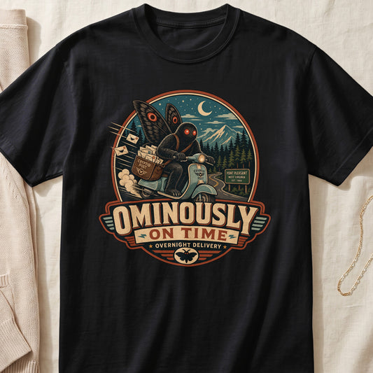Mothman riding a scooter with "Ominously On Time Overnight Delivery" text.