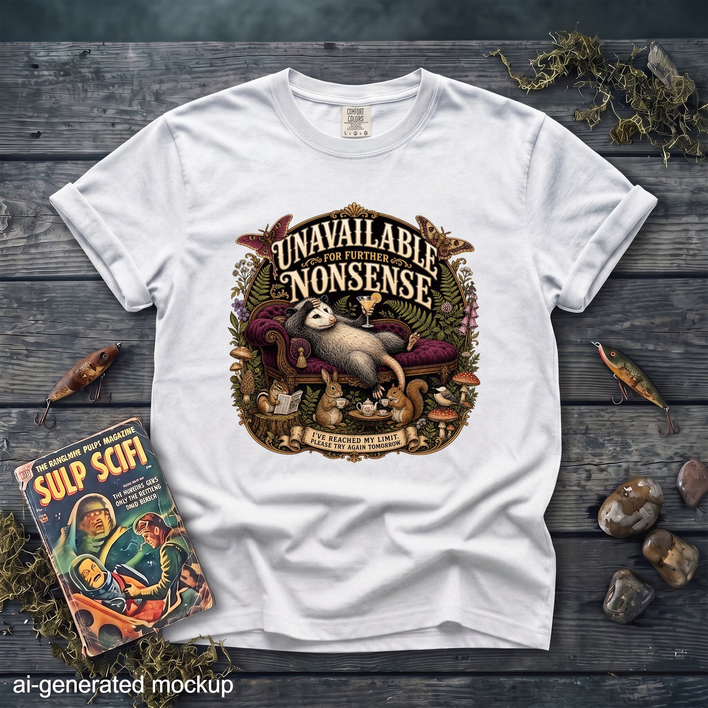 White t-shirt with opossum on couch graphic, reading "Unavailable for Further Nonsense."
