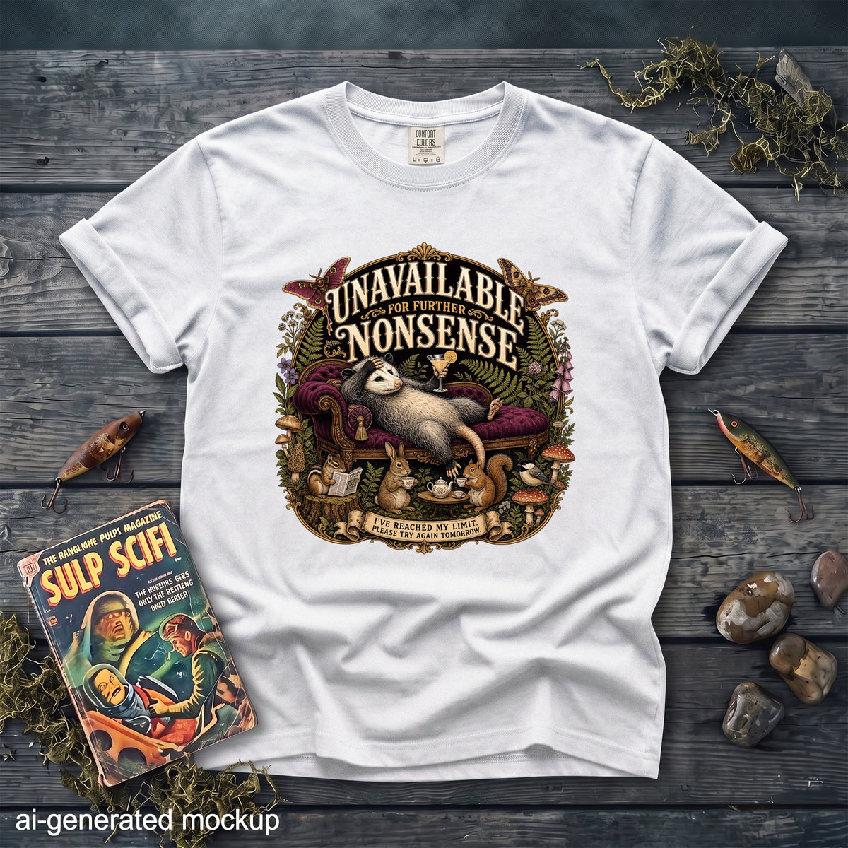 White t-shirt with opossum on couch graphic, reading "Unavailable for Further Nonsense."