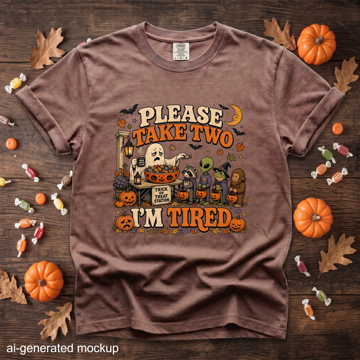 Brown t-shirt with Halloween graphic: "Please Take Two, I'm Tired"