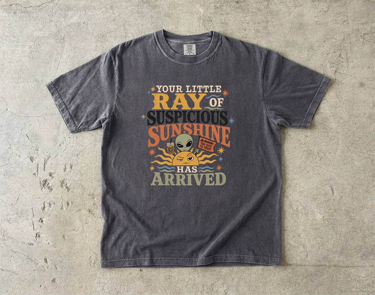 Dark gray t-shirt with "Your Little Ray of Suspicious Sunshine Has Arrived" text and graphics.