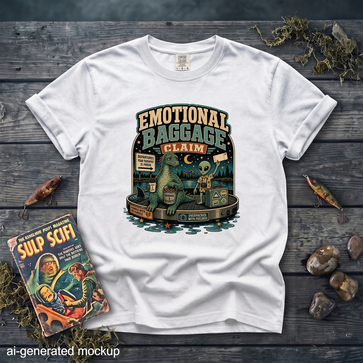 White t-shirt with "Emotional Baggage Claim" graphic featuring a dinosaur and alien.