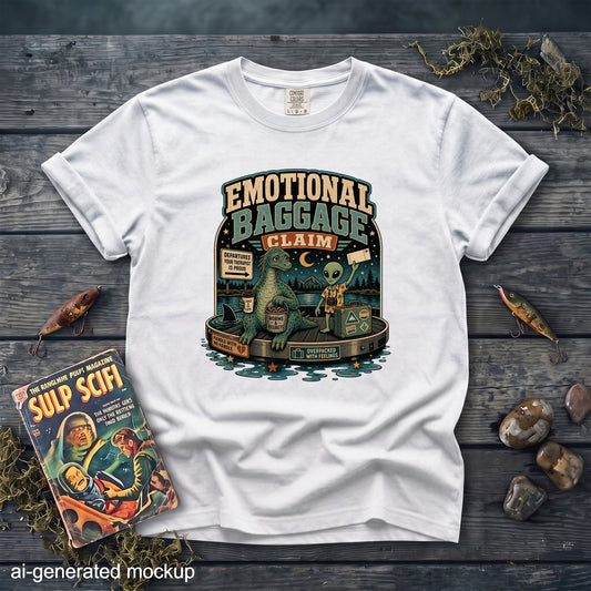 White t-shirt with "Emotional Baggage Claim" graphic featuring a dinosaur and alien.