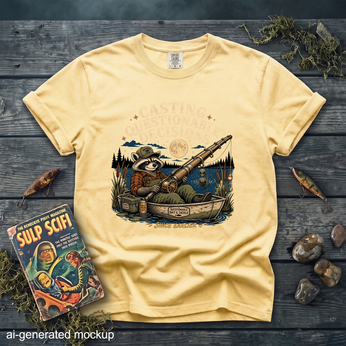 Yellow t-shirt with raccoon fishing and text "Casting Questionable Decisions Since Earlier."