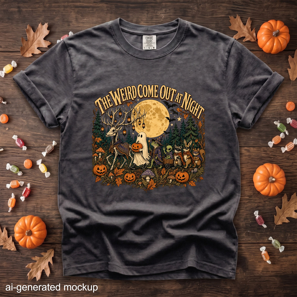 Dark grey t-shirt with "The Weird Come Out At Night" Halloween graphic.