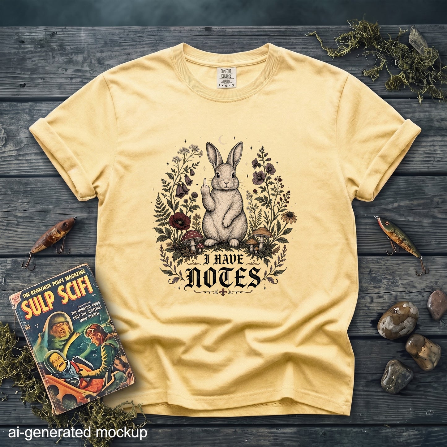 A yellow t-shirt features a vintage-style graphic of a rabbit giving the middle finger, surrounded by flowers, with the text "I HAVE NOTES."