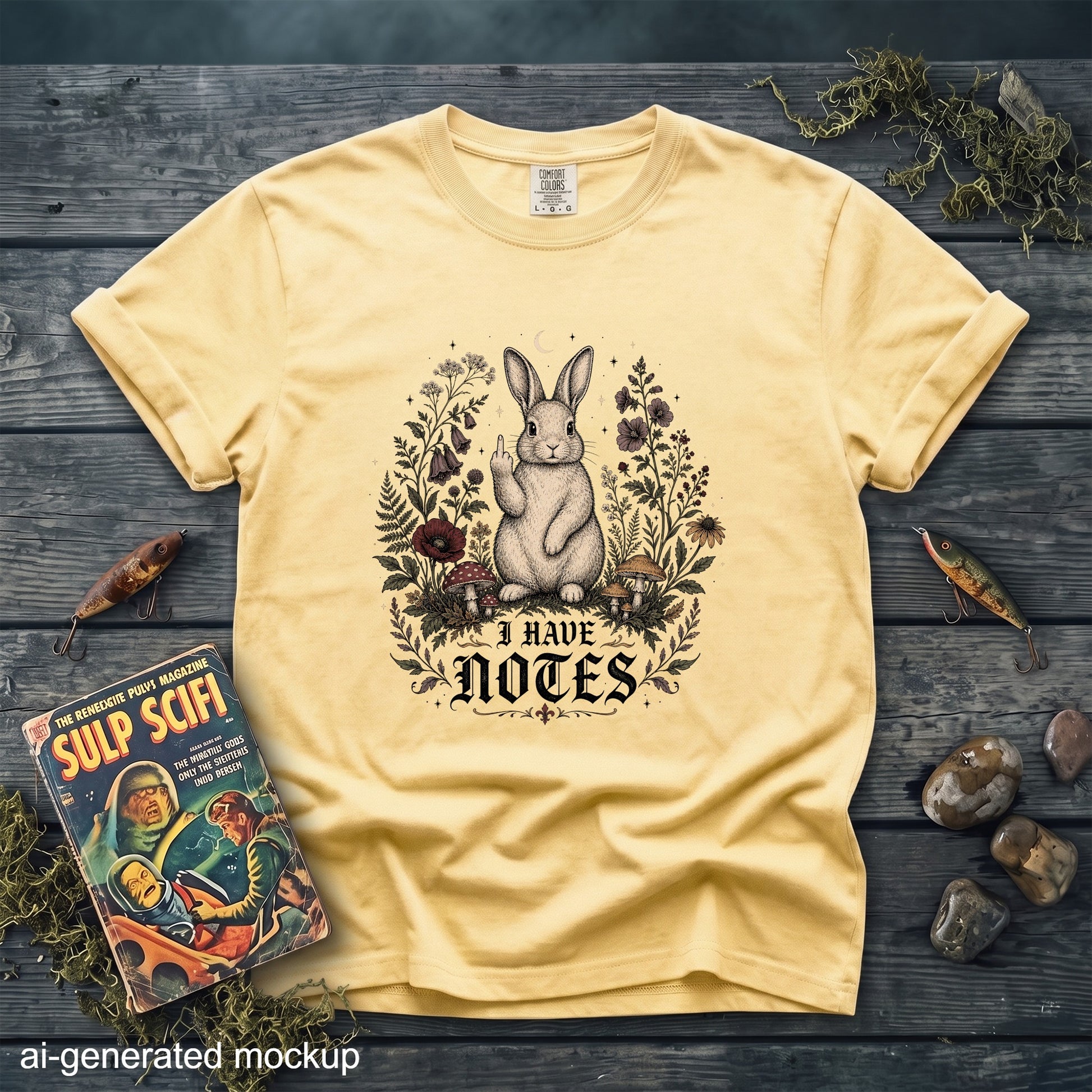 A yellow t-shirt features a vintage-style graphic of a rabbit giving the middle finger, surrounded by flowers, with the text "I HAVE NOTES."