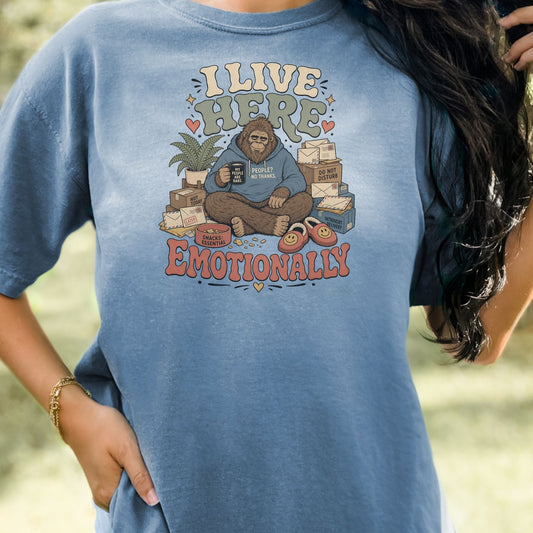 Bigfoot sits surrounded by mail and boxes, wearing a hoodie that says "I Live Here Emotionally."