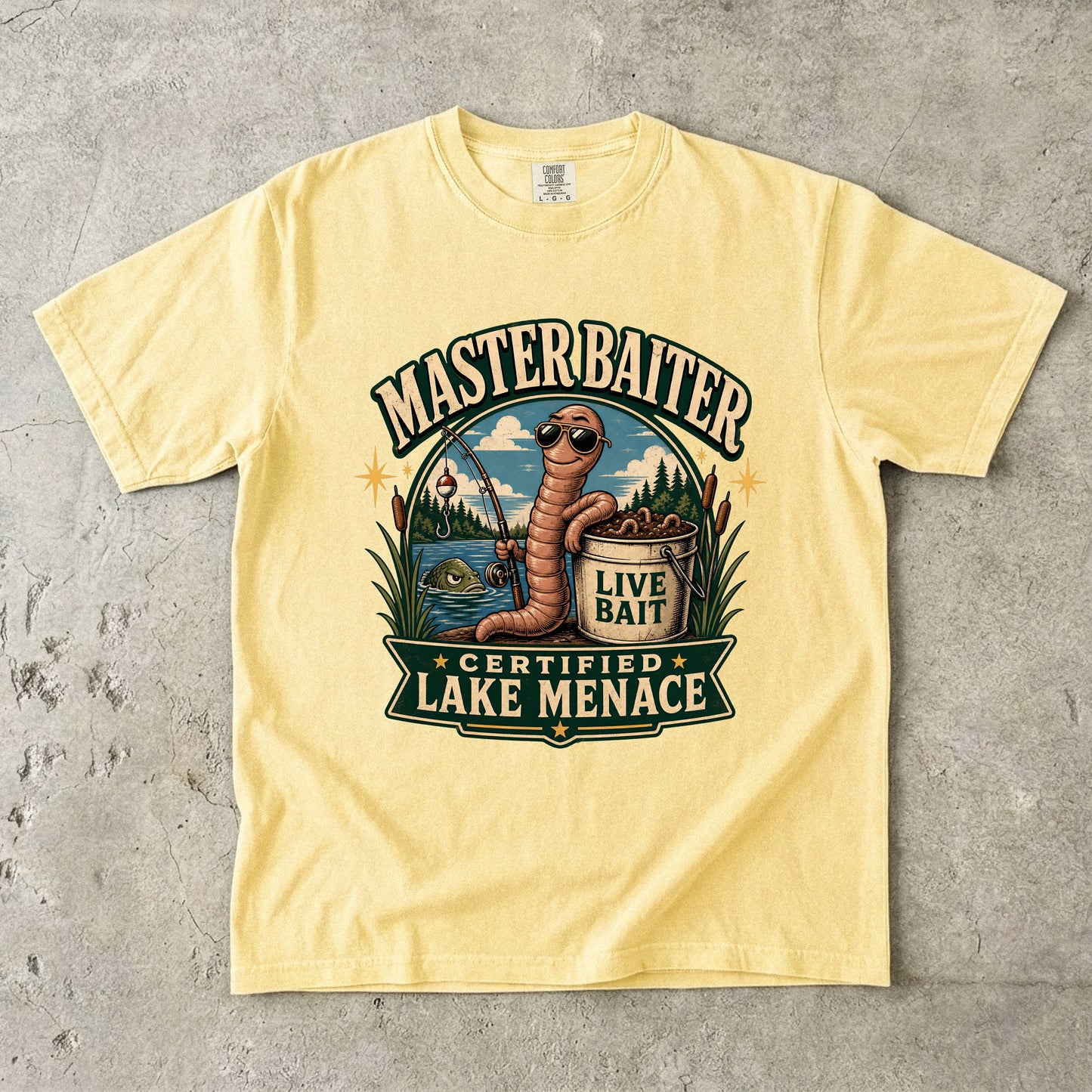Yellow t-shirt with "Masterbaiter Certified Lake Menace" graphic of a worm fishing.