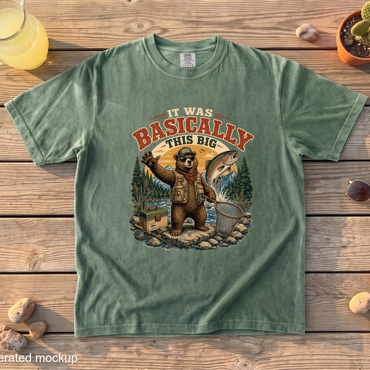Green t-shirt graphic of a bear fishing with a jumping trout and text "IT WAS BASICALLY THIS BIG".
