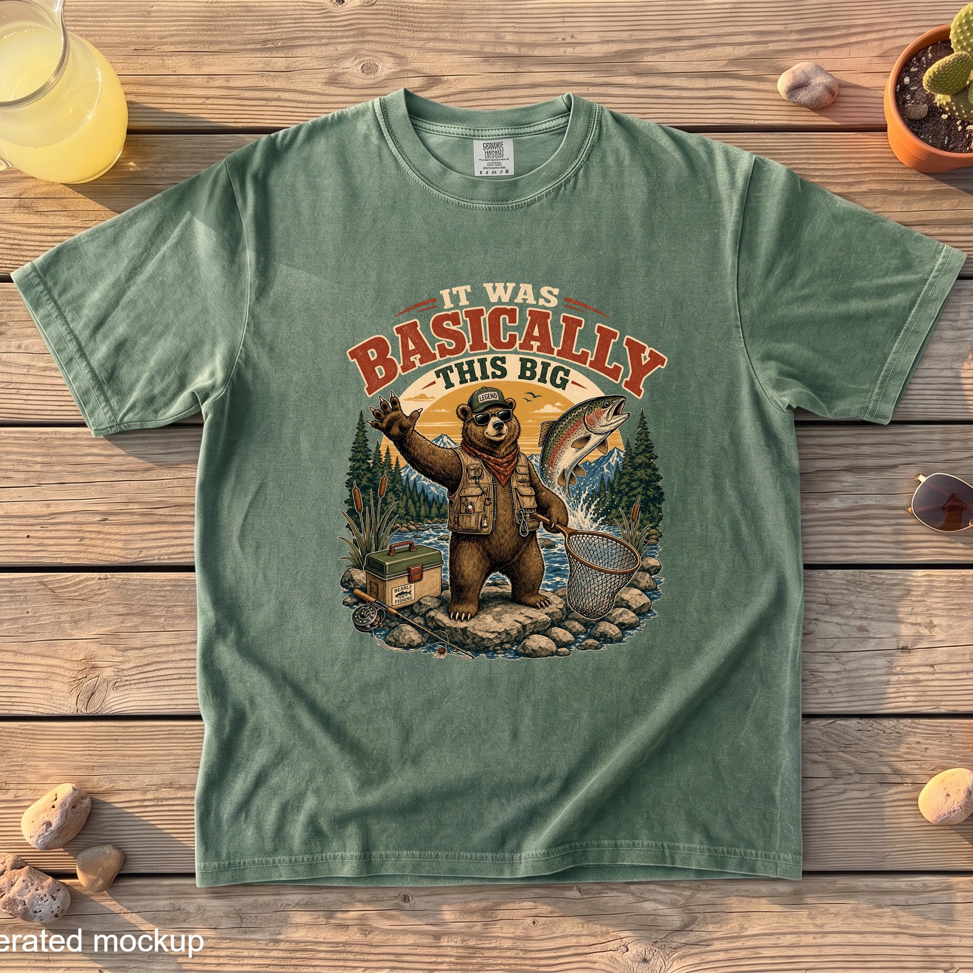 Green t-shirt graphic of a bear fishing with a jumping trout and text "IT WAS BASICALLY THIS BIG".