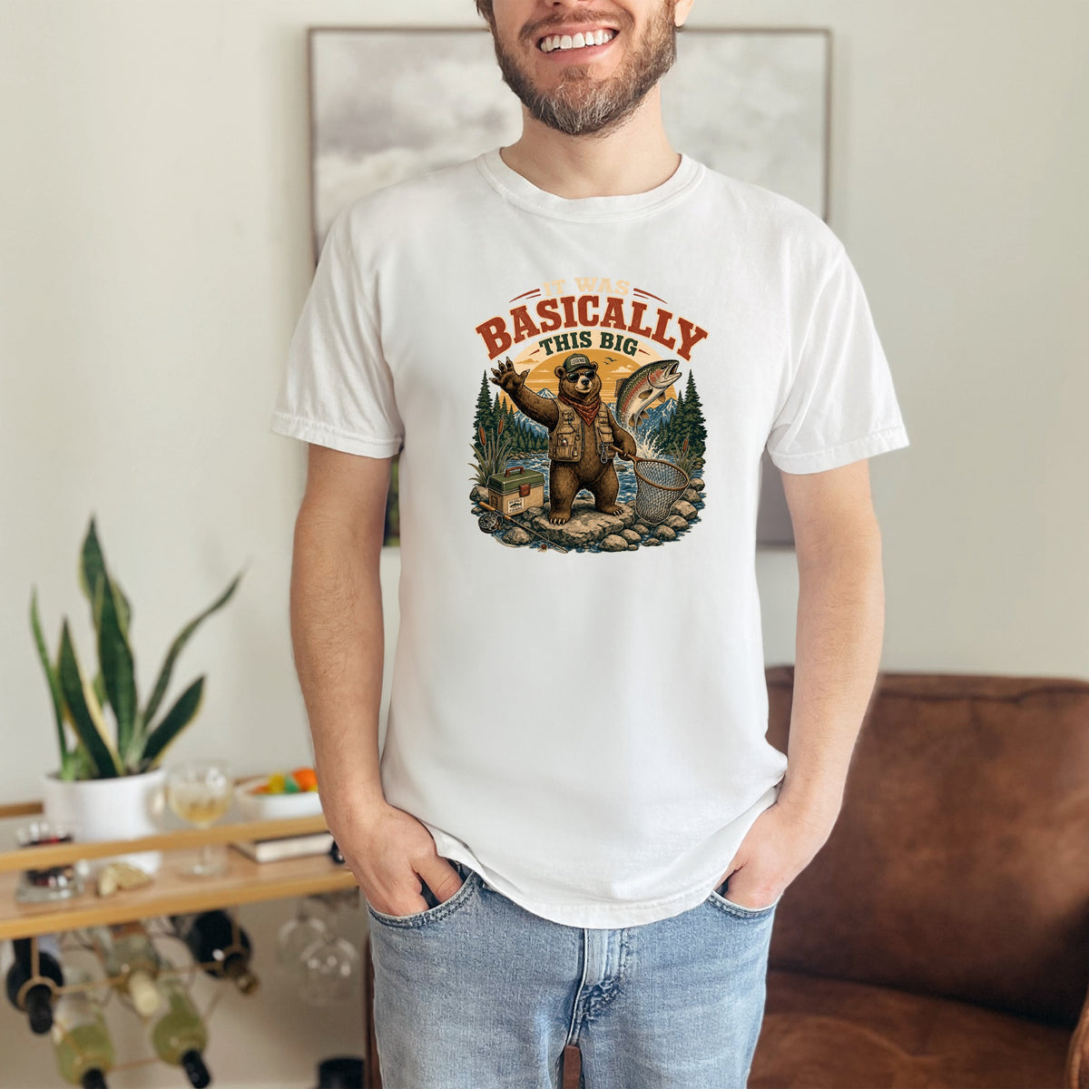 White t-shirt with a bear fishing graphic that reads "It Was Basically This Big".