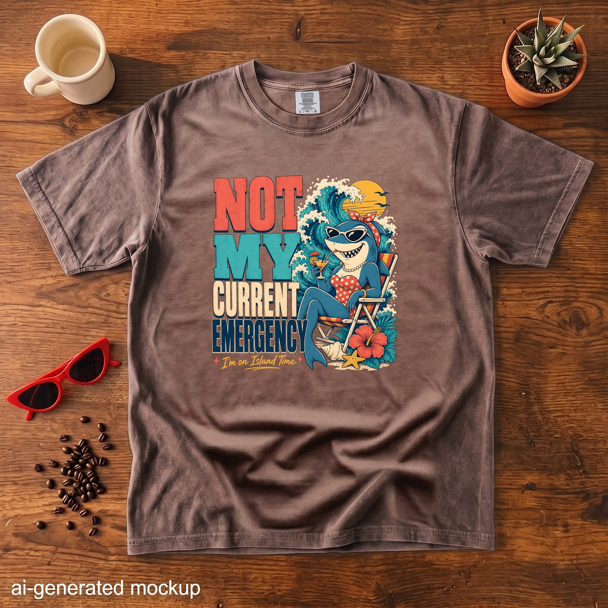 Brown t-shirt with graphic "Not My Current Emergency, I'm on Island Time" and a shark.