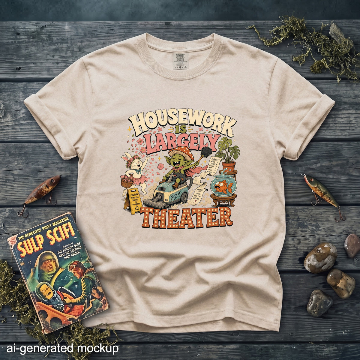 Beige t-shirt with "Housework is Largely Theater" graphic of a goblin on a vacuum.