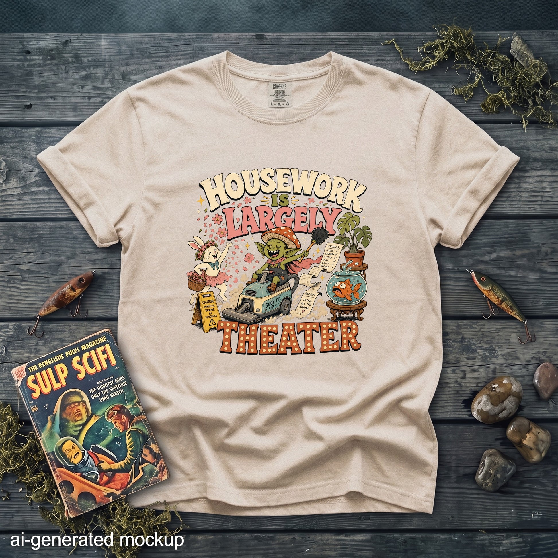 Beige t-shirt with "Housework is Largely Theater" graphic of a goblin on a vacuum.