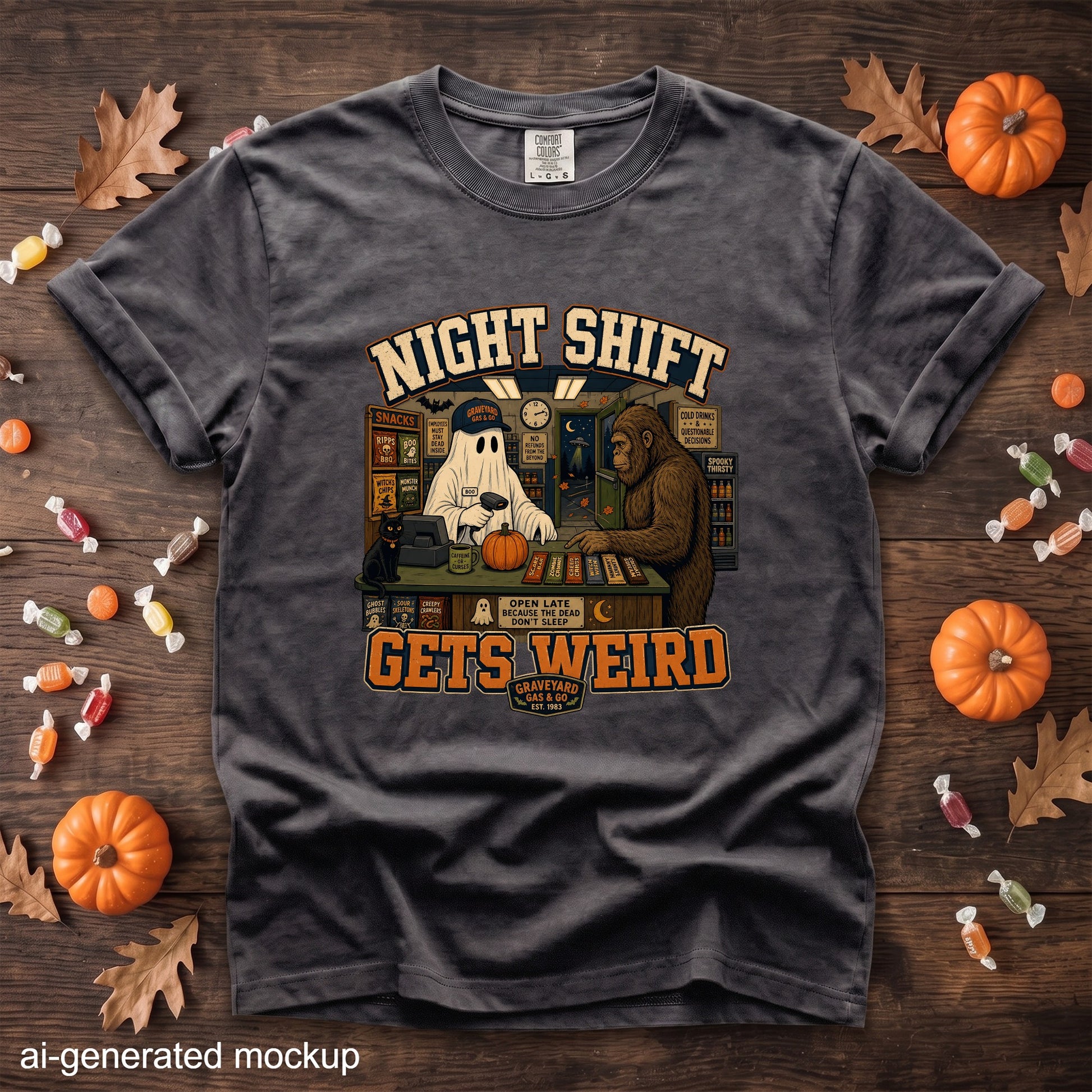 Ghost and Bigfoot characters at a gas station counter with "Night Shift Gets Weird" text.