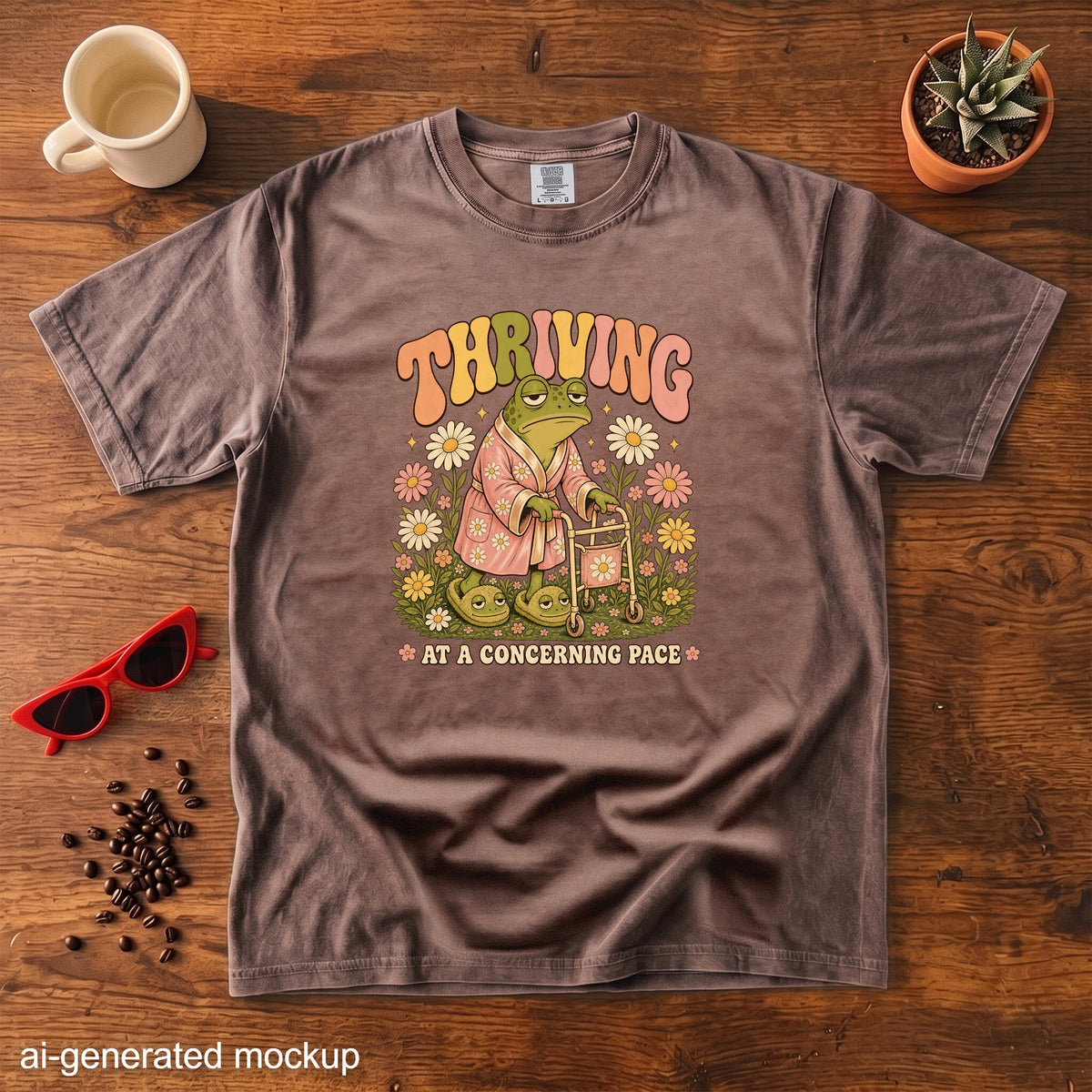 Brown t-shirt with a frog graphic saying "Thriving At A Concerning Pace".