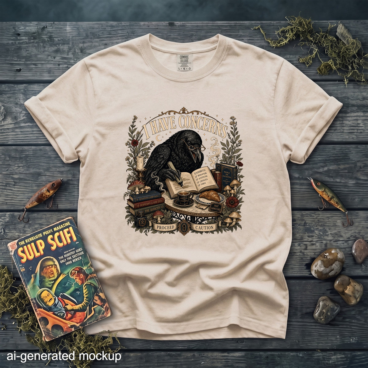 Light beige t-shirt with crow writing "I HAVE CONCERNS" among books and plants.