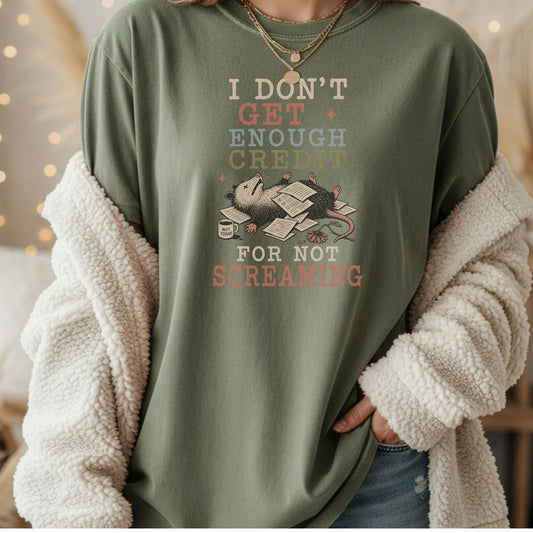 T-shirt graphic: opossum on papers, "I don't get enough credit for not screaming."
