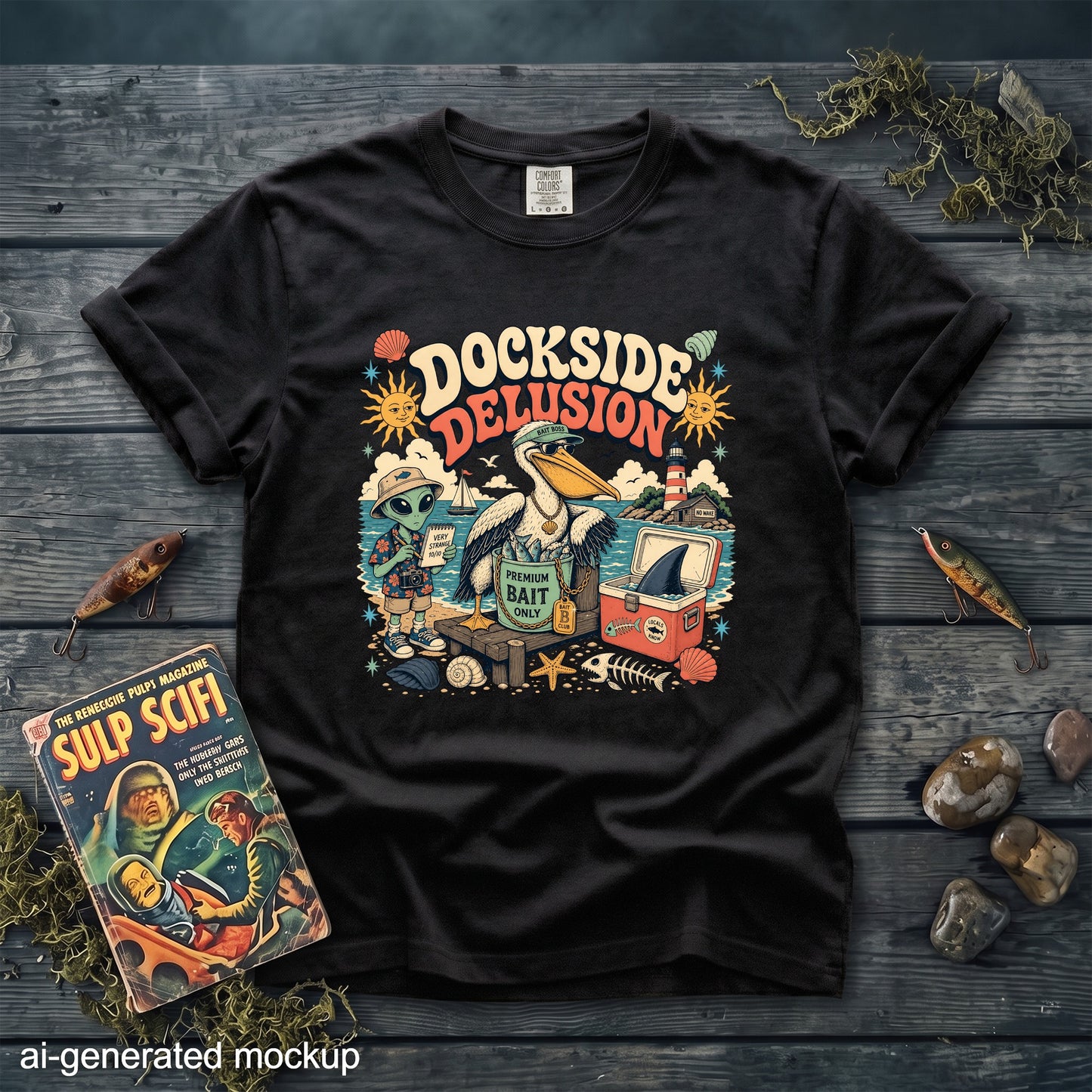Black t-shirt with "Dockside Delusion" graphic featuring an alien and pelican fishing.