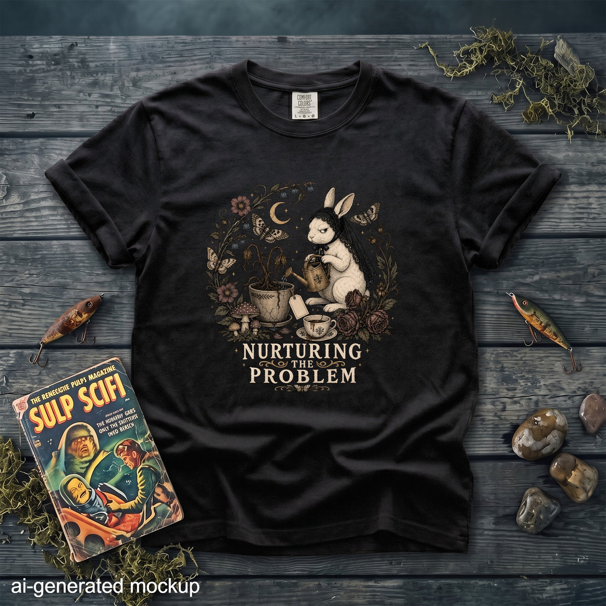 A black t-shirt featuring a vintage-style graphic of a rabbit watering a dying potted plant with the text nurturing the problem.