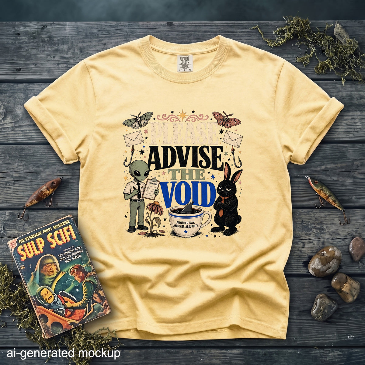 Yellow t-shirt with "Please Advise The Void" graphic featuring an alien, rabbit, and moths.
