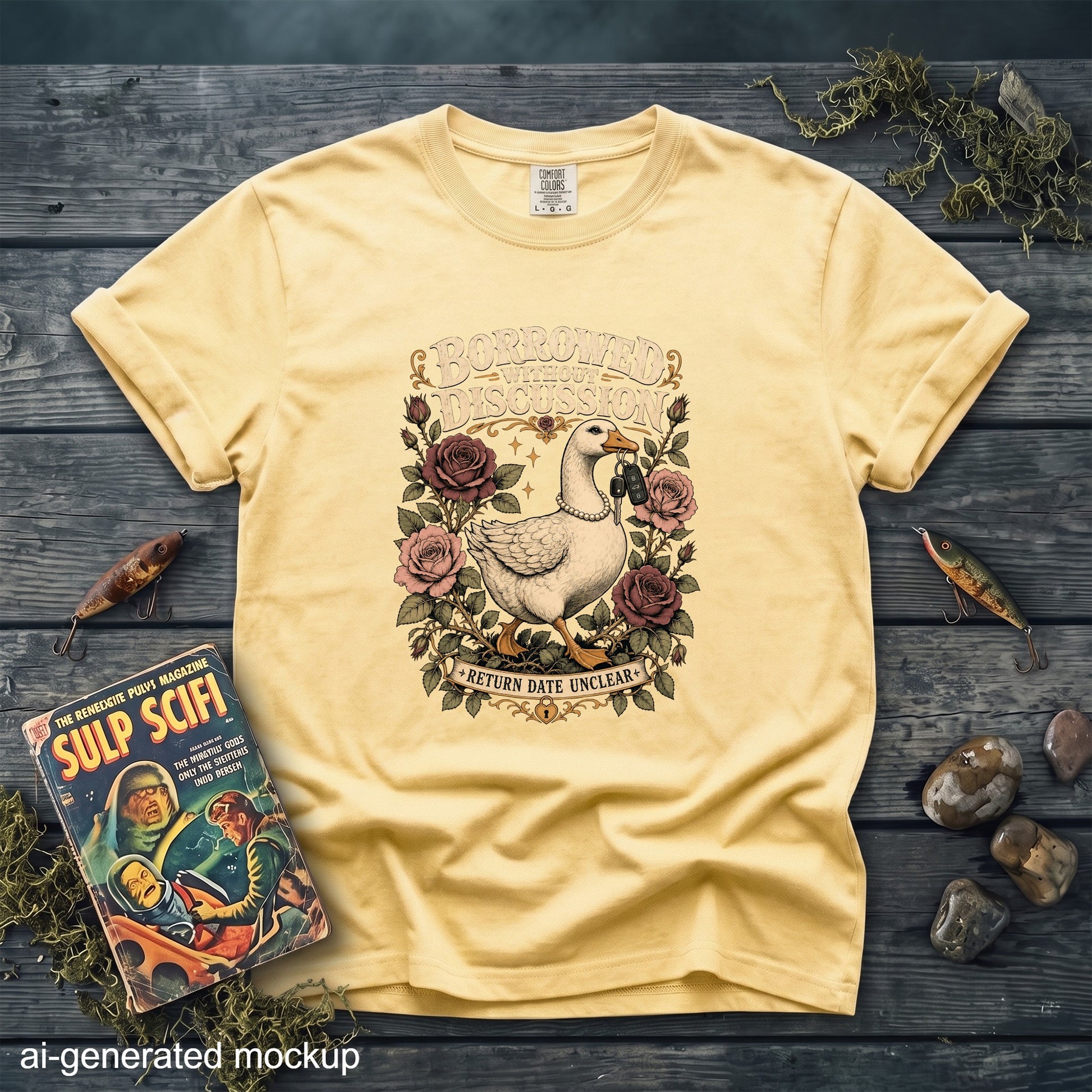 Yellow t-shirt with a goose graphic and text that reads "Borrowed Without Discussion Return Date Unclear".