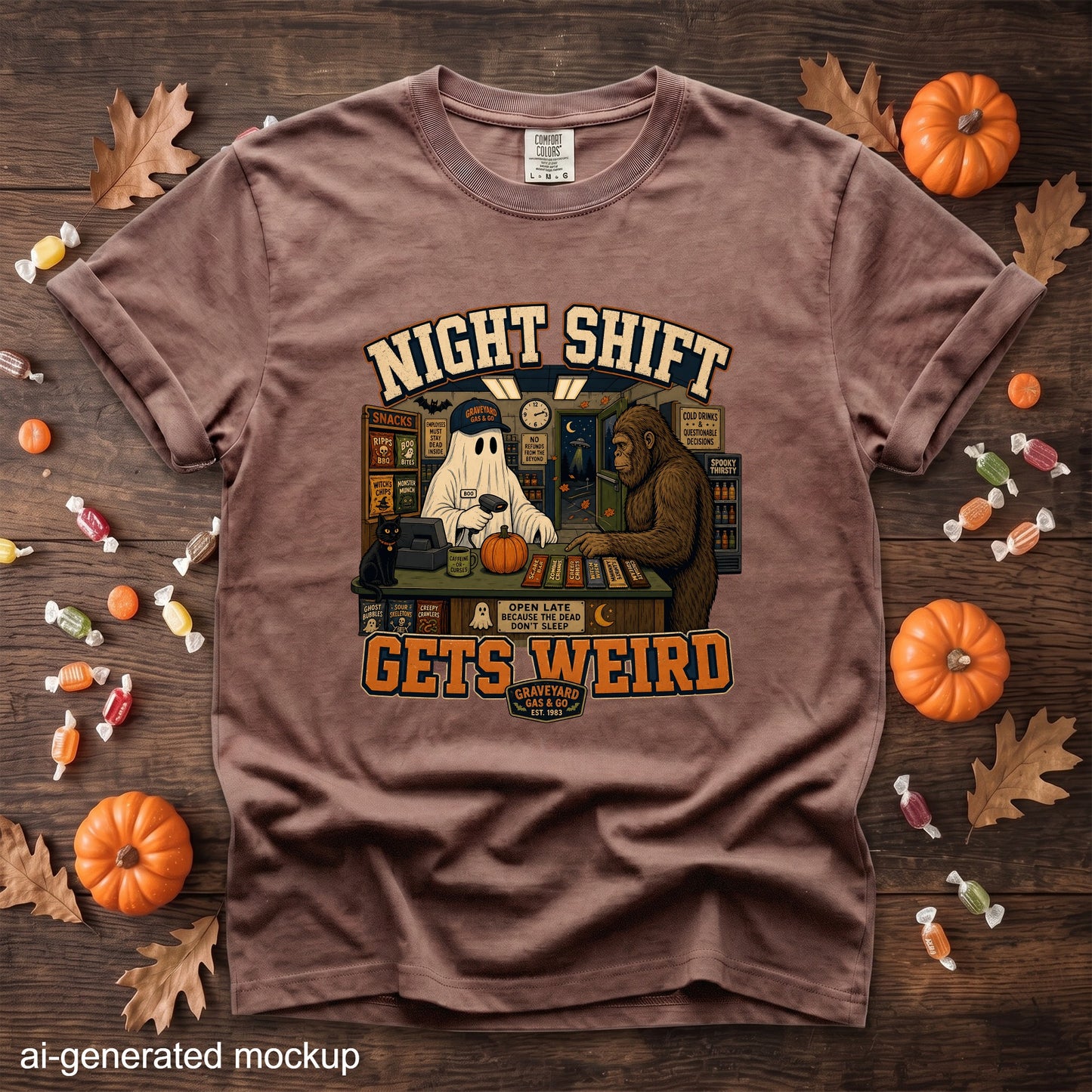 T-shirt graphic: Ghost and Bigfoot working at a gas station, text "Night Shift Gets Weird".