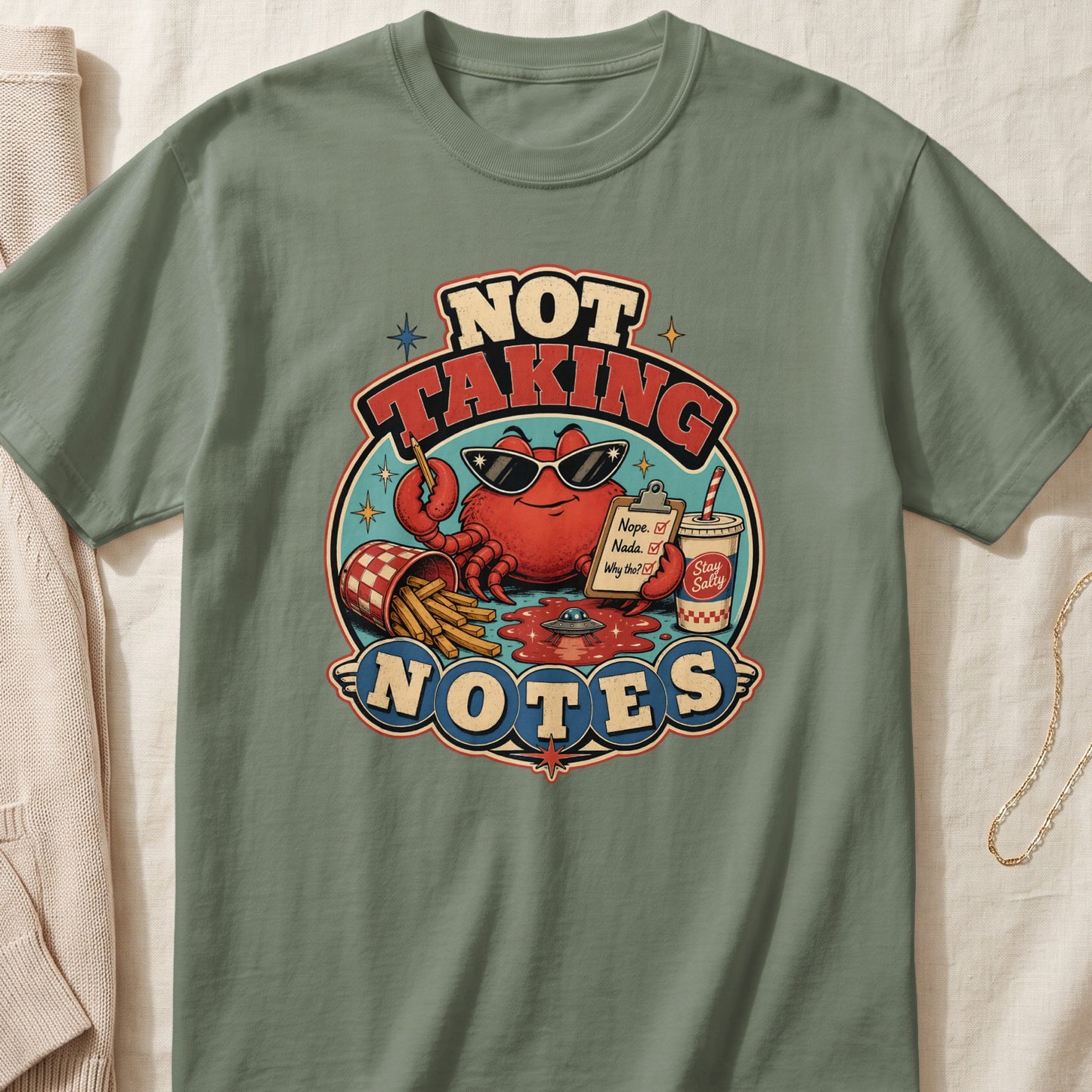 Crab wearing sunglasses and holding a clipboard with text "Nope. Nada. Why tho?".