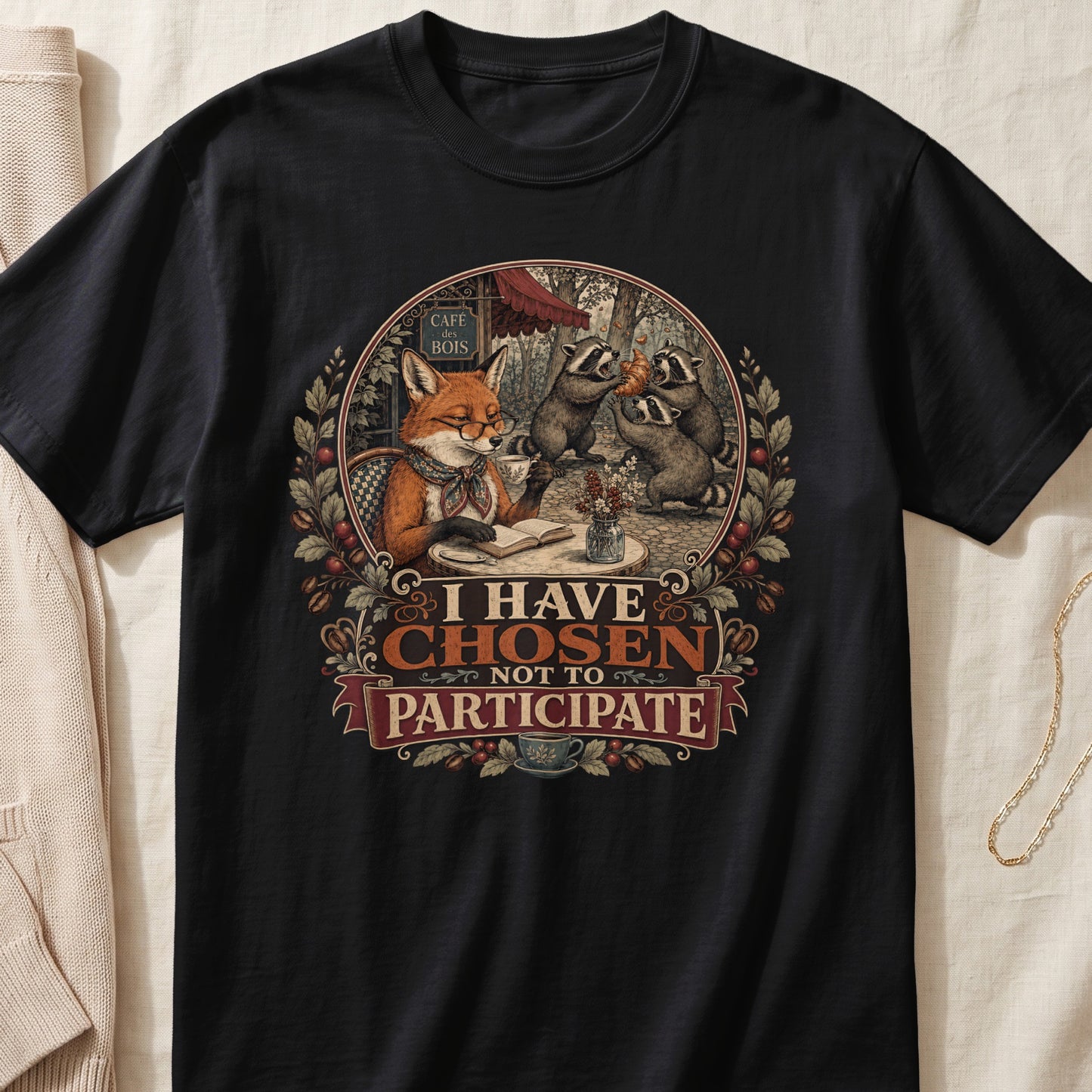Black t-shirt with a fox reading at a cafe and raccoons fighting over a croissant. Text reads "I HAVE CHOSEN NOT TO PARTICIPATE".
