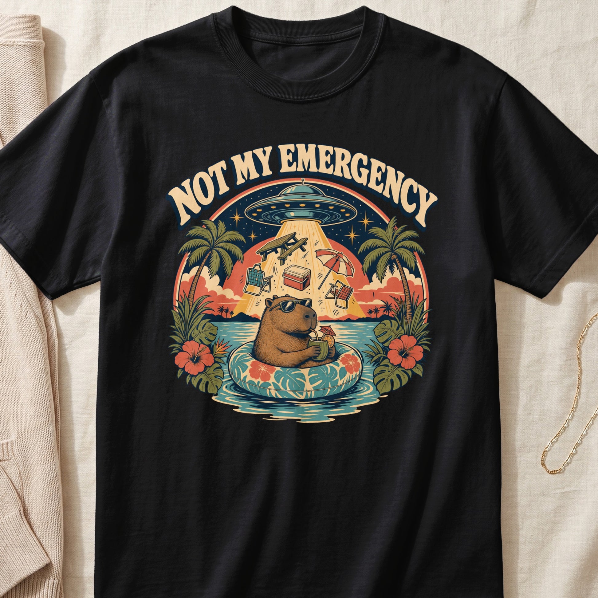 Capybara in tube relaxing in water with UFO abduction, text "NOT MY EMERGENCY".
