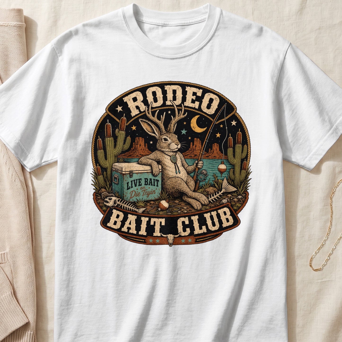 White t-shirt with "RODEO BAIT CLUB" design featuring a rabbit with antlers fishing.