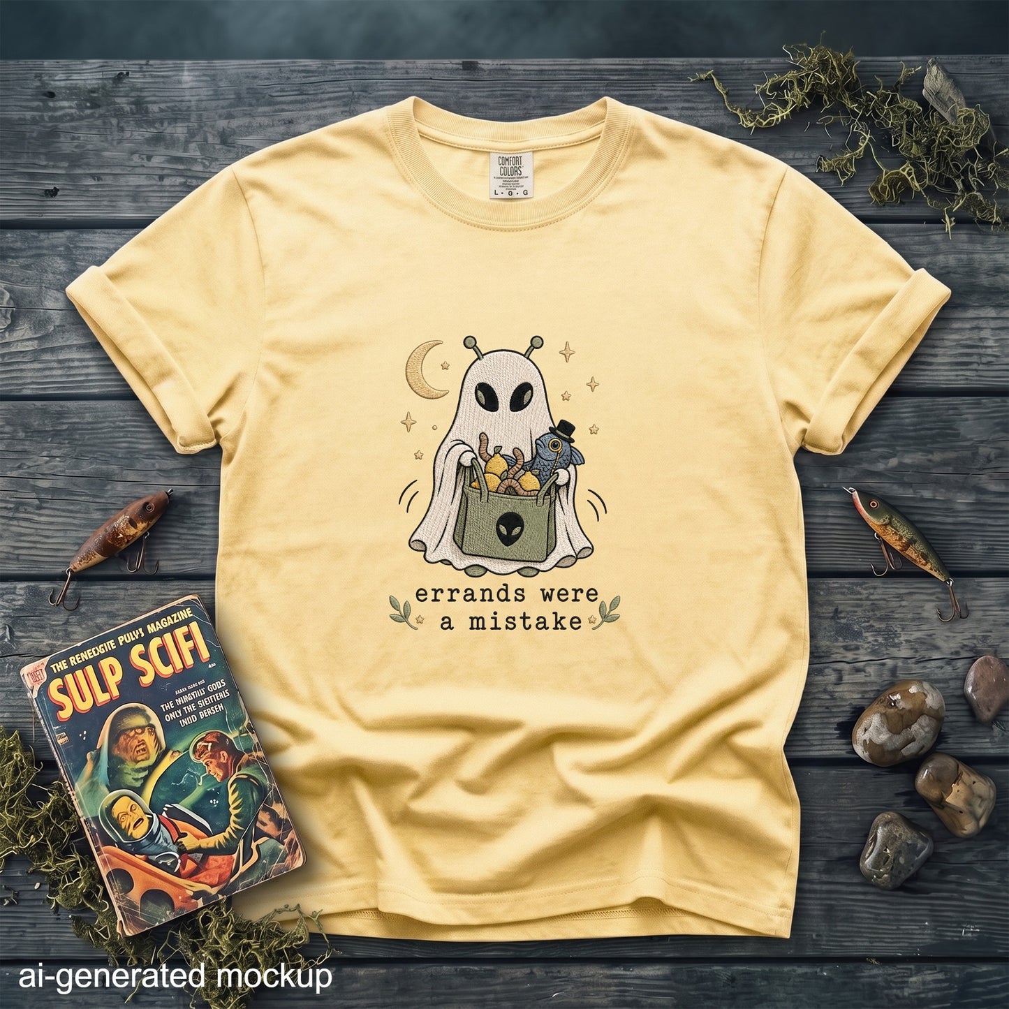 Yellow t-shirt with a ghost alien holding a bag and the text "errands were a mistake".