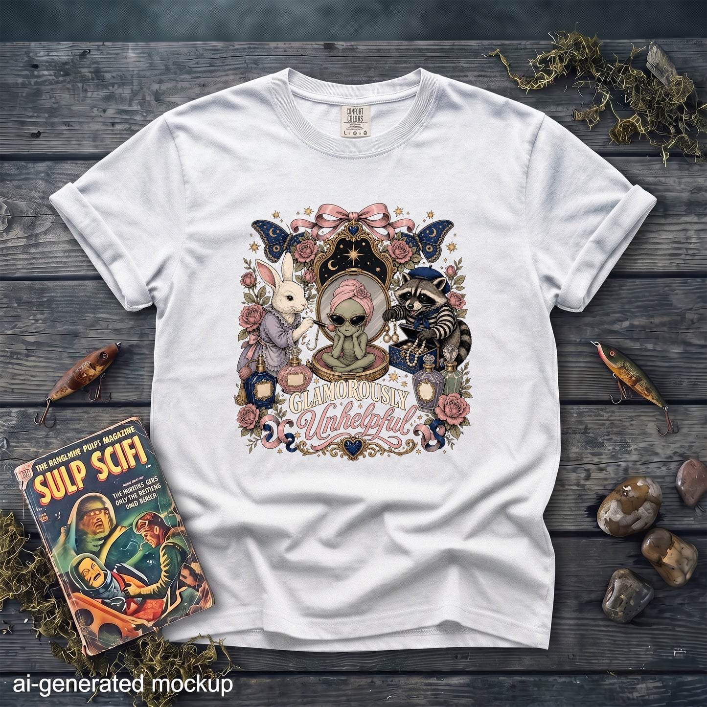White t-shirt with a "Glamorously Unhelpful" graphic featuring an alien, rabbit, and raccoon.