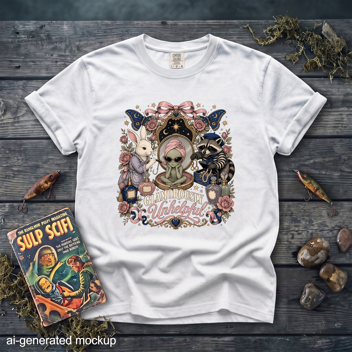 White t-shirt with a "Glamorously Unhelpful" graphic featuring an alien, rabbit, and raccoon.