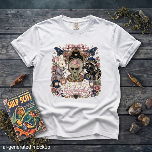 White t-shirt with a "Glamorously Unhelpful" graphic featuring an alien, rabbit, and raccoon.