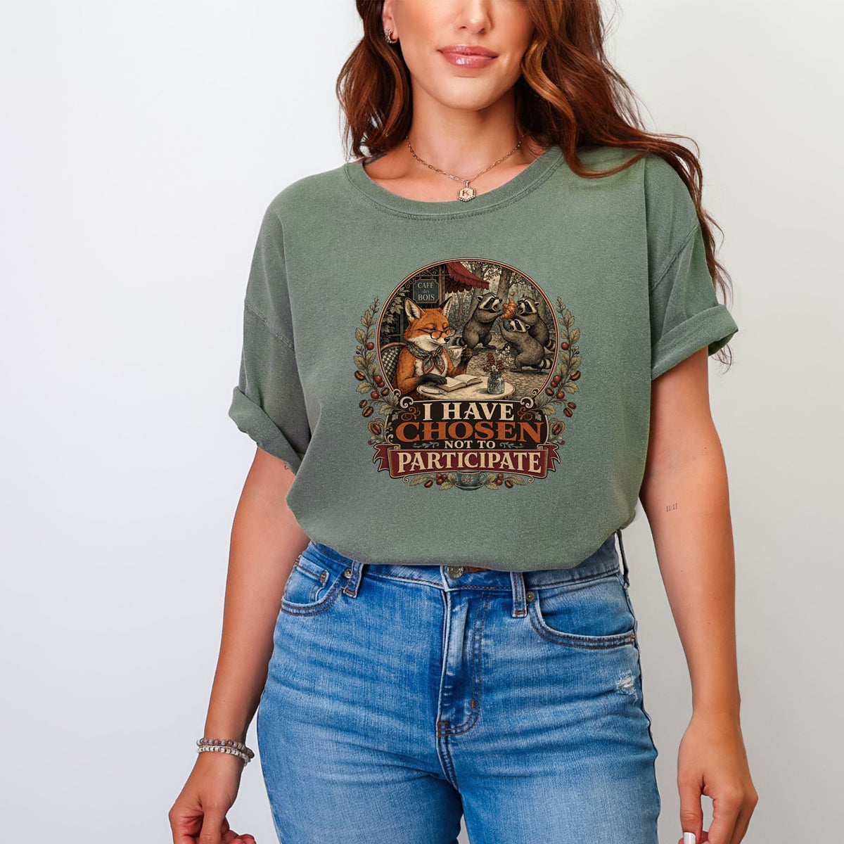 Green t-shirt with a circular graphic of animals and the text "I HAVE CHOSEN NOT TO PARTICIPATE".