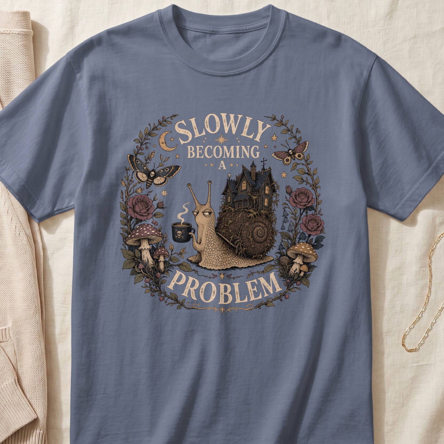 Snail with a house on its shell holding coffee, surrounded by floral and celestial elements.