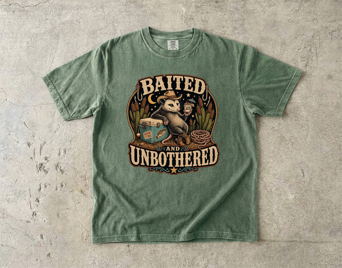 Green t-shirt with a possum graphic that says "Baited and Unbothered".