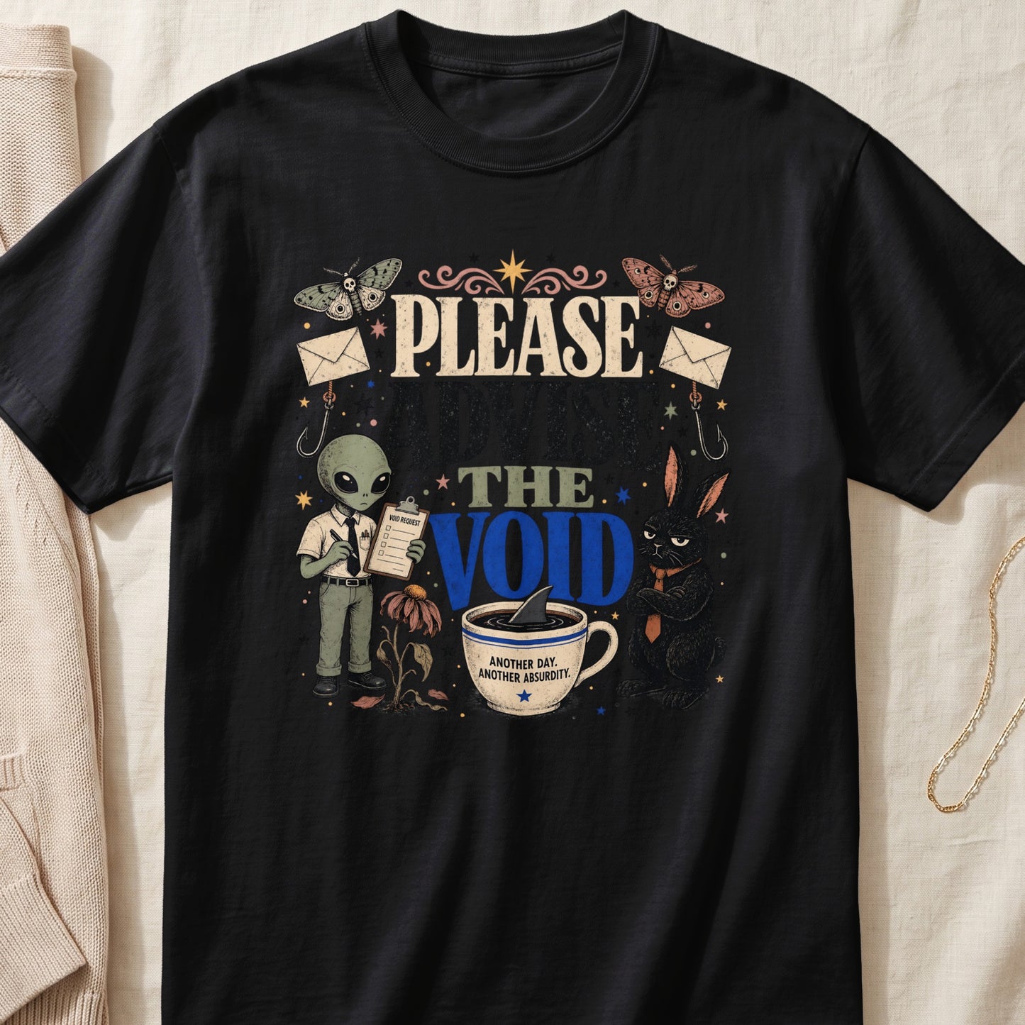 Alien, bunny, and moths surround text "Please the Void" and a cup with shark fin.