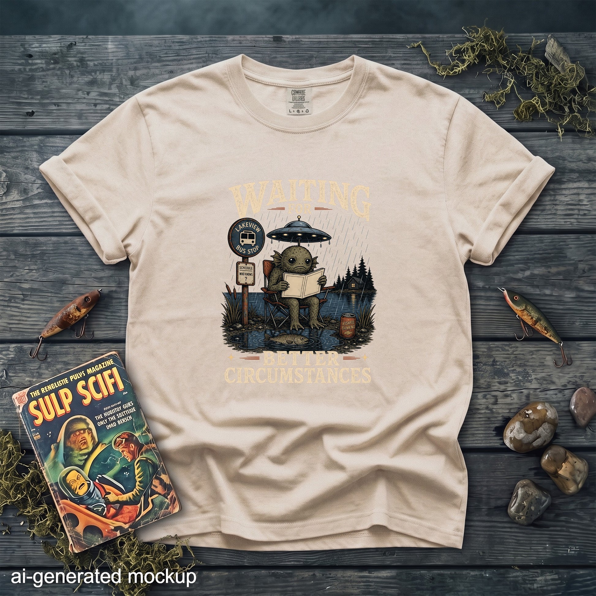 T-shirt graphic of a creature at a bus stop reading a book, "Waiting for Better Circumstances".