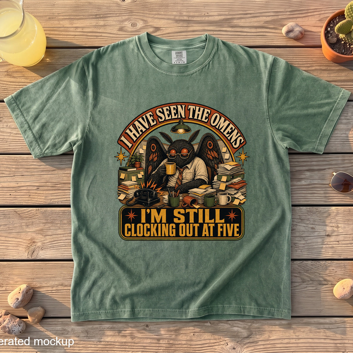 Green t-shirt with a graphic featuring the text "I HAVE SEEN THE OMENS" and "I'M STILL CLOCKING OUT AT FIVE".